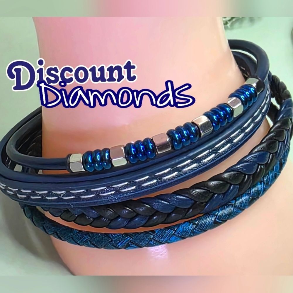 Men's Blue Genuine Braided  Leather & Blue & Silver Titanium